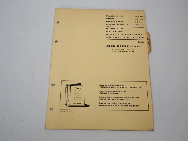 John Deere Lanz GK-S Stalldungstreuer 3t Ersatzteilliste Ersatzteilkatalog 1967