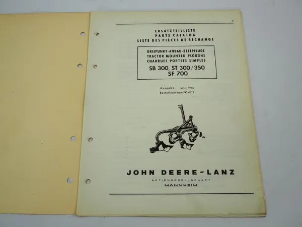 John Deere Lanz SB300 ST300 ST350 SF700 Anbau Beetpflug Ersatzteilliste 1965