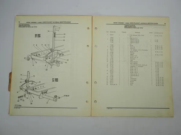 John Deere Lanz SB300 ST300 ST350 SF700 Anbau Beetpflug Ersatzteilliste 1965