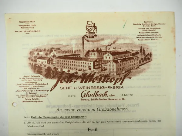 Jomo Joh. Moskopf Senf Essil Essig Fabrik Gladbach 1954 Mostrich Famos