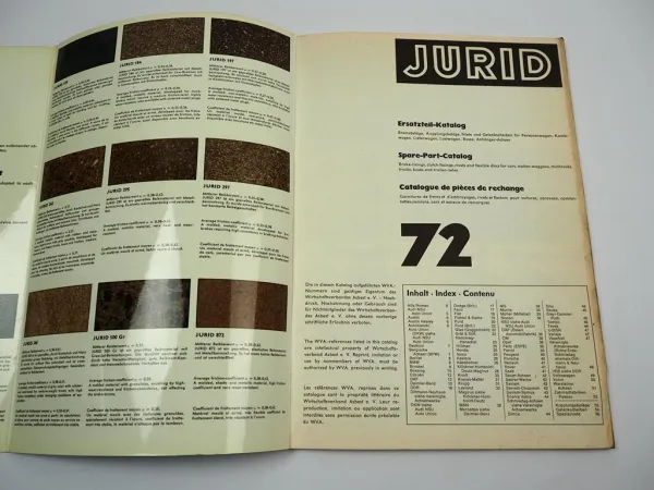 Jurid Bremsbeläge Kupplungsbeläge für PKW LKW Anhänger Ersatzteilkatalog 1972