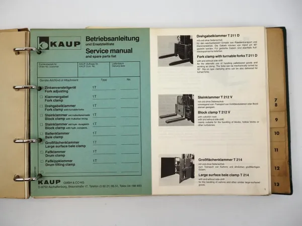 Kaup Zusatzgeräte für Stapler Betriebsanleitung Ersatzteilliste ca. 1980