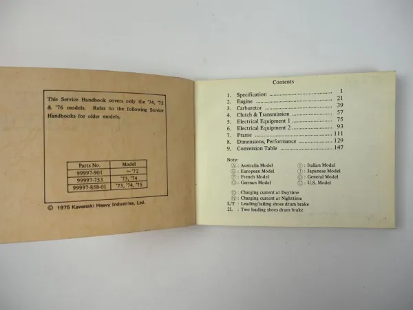 Kawasaki MT1B MT1C KV75 KD80 MC1A/B KM90 - KZ900 Motorcycle service handbook