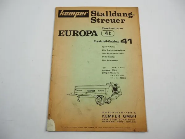 Kemper E40 Europa Stalldungstreuer 4t Ersatzteilliste Ersatzteilkatalog 1975