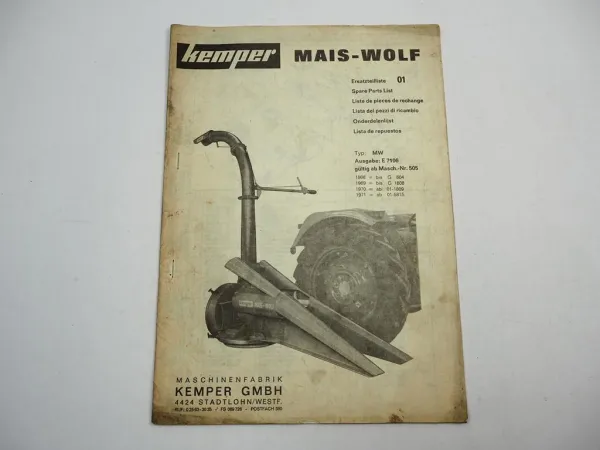 Kemper MW Mais Wolf Ersatzteilliste Ersatzteilkatalog 1971