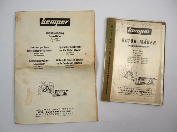 Kemper RM-2 Rotormäher Betriebsanleitung Ersatzteilliste Baujahr 1968 bis 1971
