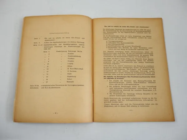 KFZ Ersatzteile Adressen-Informationsheft DDR-Fahrzeuge 1954