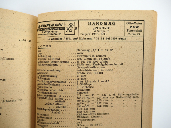 Kinnemann KFZ Typenblätter mit Kenndaten Einstelldaten PKW bis 2000 ccm 1947