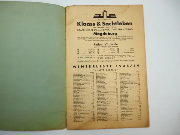 Klaass & Sachtleben Magdeburg KFZ Zubehör Winterliste Katalog 1938/39