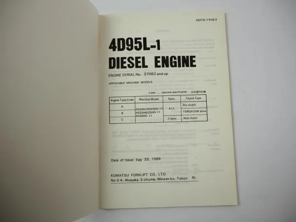 Komatsu 4D95L-1 Diesel Engine FD 20 25 30 H HD -11 Forklift Parts Book 1989