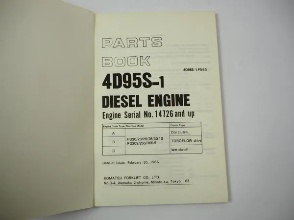 Komatsu 4D95S-1 Diesel Engine FD 20 23 25 28 30 -10 Forklift Parts Book 1986