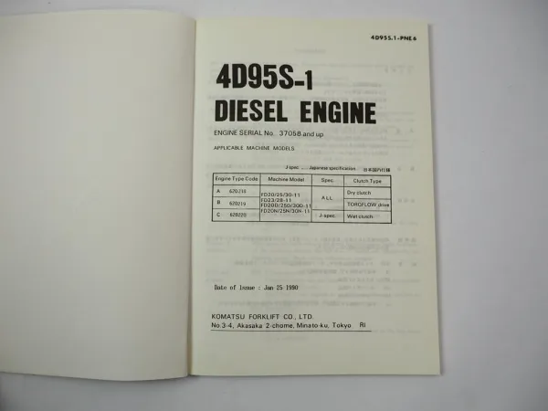 Komatsu 4D95S-1 Diesel Engine FD 20 23 25 28 30 -11 Forklift Parts Book 1990