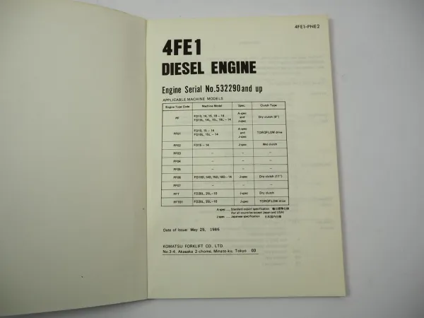 Komatsu 4FE1 Diesel Engine FD 10 14 15 18 L -14 Forklift Parts Book 1986