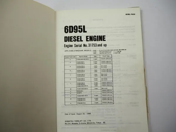 Komatsu 6D95L Diesel Engine FD 33 35 40 45 -4 50 60 70 -5 Forklift Parts Book 88