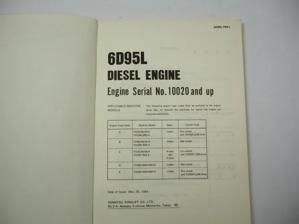 Komatsu 6D95L Diesel Engine FD 33 35 40 45 N Z H -4 Forklift Parts Book 1984
