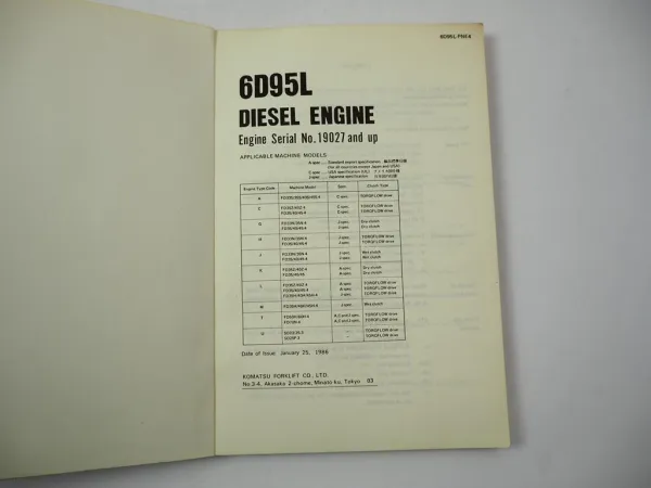 Komatsu 6D95L Diesel Engine FD 35 40 45 50 60 70 N Z H -4 Forklift Parts Book 86