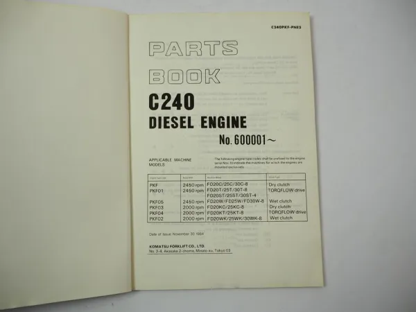 Komatsu C240 Diesel Engine FD 20 23 25 28 30 -8 S -4 Forklift Parts Book 1984