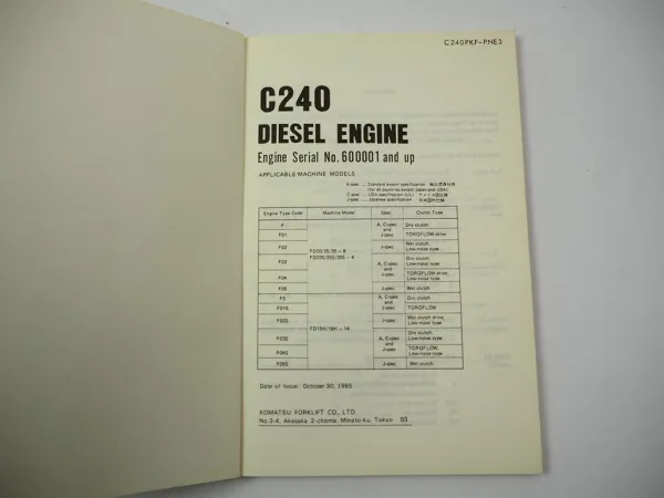 Komatsu C240 Diesel Engine FD 20 25 30 -8 15H 18H Forklift Parts Book 1985