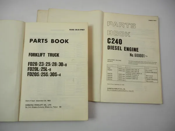 Komatsu FD 20 25 30 -8 S -4 Forklift + Engine C240 Parts Book 1983 Ersatzteilliste