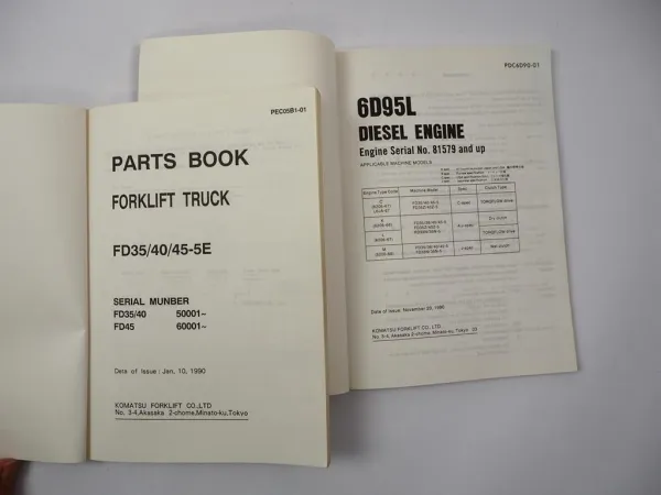 Komatsu FD 35 40 45 -5E Forklift + Engine 6D95L Parts Book 1990 Ersatzteilliste