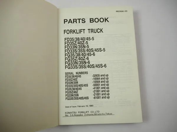 Komatsu FD FG 33 35 38 40 45 Z N S -5 Forklift Parts List Ersatzteilliste 1993