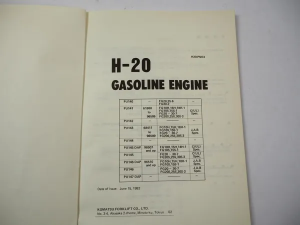 Komatsu H-20 H20 Gasoline Engine FG 10 15 18 20 25 30 Forklift Parts Book 1982