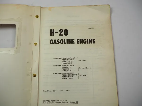 Komatsu H-20 H20 Gasoline Engine FG 10 15 20 25 30 T C Forklift Parts Book 1978