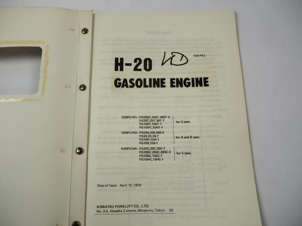 Komatsu H-20 H20 Gasoline Engine FG 10 15 20 25 30 T C Forklift Parts Book 1979