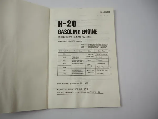 Komatsu H20 H-20 Gasoline Engine FG 15H 18H 20 23 25 28 30 Forklift Parts Book