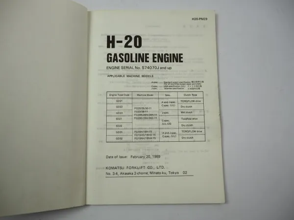 Komatsu H20 H-20 Gasoline Engine FG 15H 18H 20 25 30 -11 Forklift Parts Book
