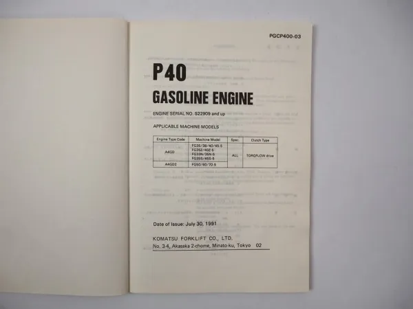 Komatsu P40 Gasoline Engine FG 35 38 40 45 50 60 70 -5 Forklift Parts Book 1991
