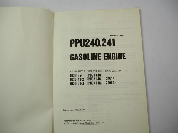 Komatsu PPU 240 241 Gasoline Engine FG 30 35 40 50 60 Forklift Parts Book 1982