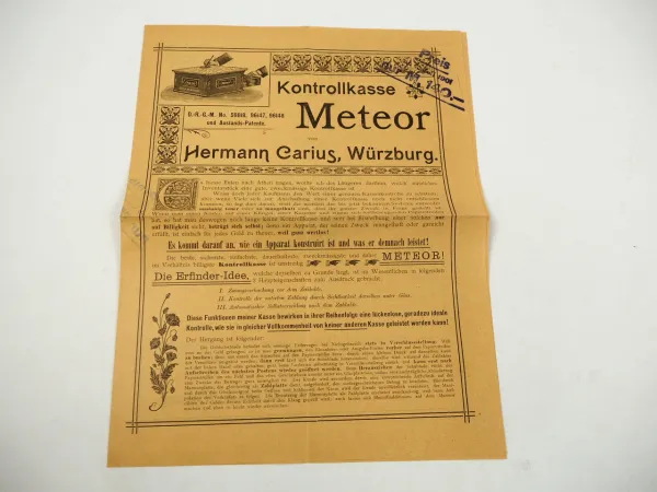 Kontroll Kasse Meteor Liste Reklame Hermann Carius Würzburg ca 1900
