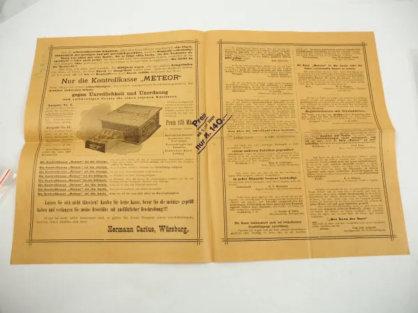 Kontroll Kasse Meteor Liste Reklame Hermann Carius Würzburg ca 1900