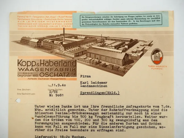 Kopp & Haberland GmbH Oschatz Sachsen Waagenfabrik Geschäftsbrief 1940