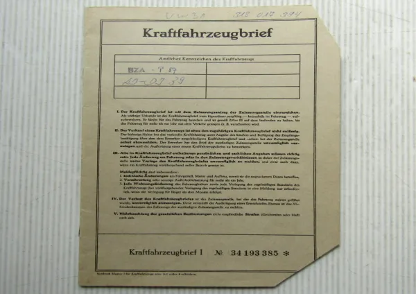 Kraftfahrzeugbrief VW Typ 3 VW 1600 Typ 31 Zulassung 11/1967 PKW Volkswagen