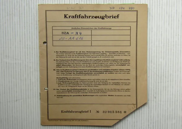 Kraftfahrzeugbrief VW Typ 3 VW 1600 Typ 31 Zulassung 1967 PKW Volkswagen