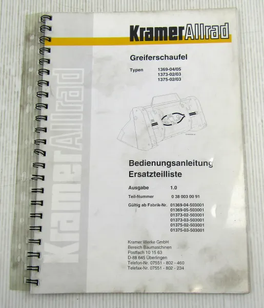 Kramer Allrad Greiferschaufel 1369 1373 1375 Bedienung Ersatzteilkatalog 12/1995