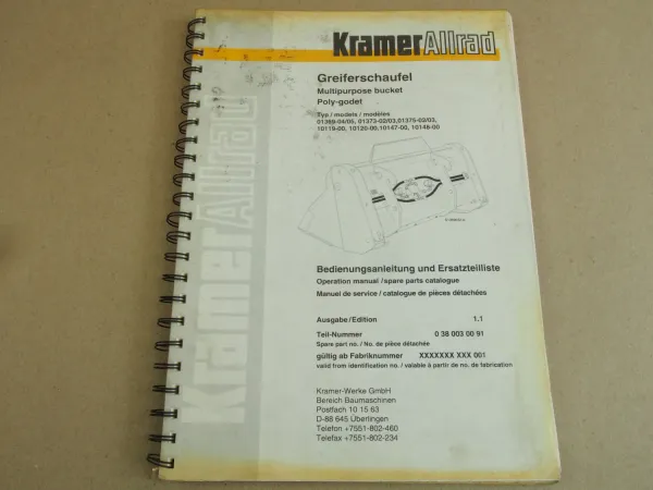 Kramer Allrad Schaufel 01369 01373 10119 - 10148 Bedienung Ersatzteilliste 1999