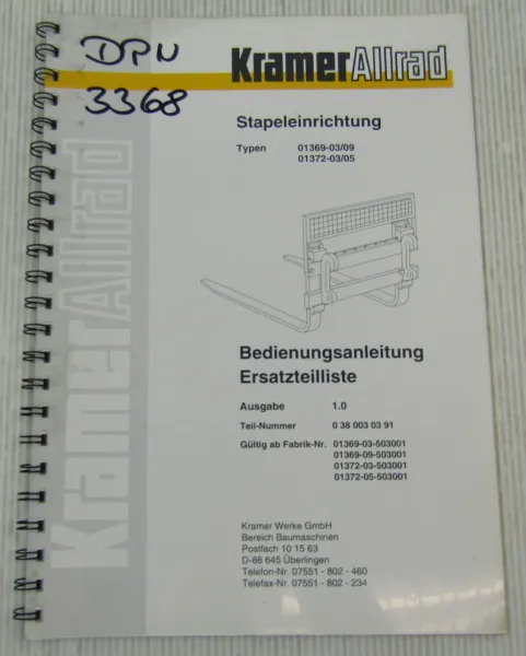 Kramer Allrad Stapeleinrichtung Pallet forks Bedienung Ersatzteilkatalog 12/1995