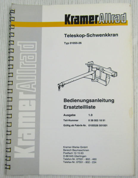 Kramer Allrad Teleskop-Schwenkkran Bedienungsanleitung Ersatzteilkatalog 9/1996