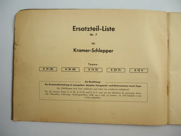 Kramer K12 K18 K22 Schlepper Ersatzteilliste Ersatzteilkatalog ca. 1950