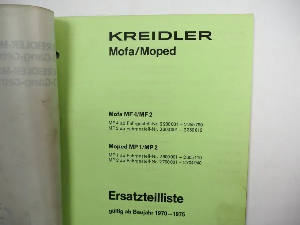Kreidler MF4 MF2 Mofa MP1 MP2 Moped Baujahr 1970 bis 1975 Ersatzteilliste
