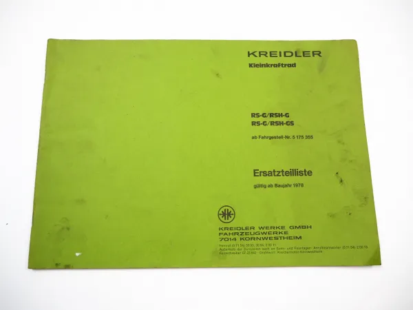 Kreidler RS RSH G GS Motorrad Kleinkraftrad Ersatzteilliste ab BJ 1978