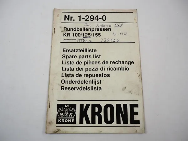 Krone KR 100 125 155 Rundballenpresse Ersatzteilliste