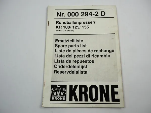 Krone KR 100 125 155 Rundballenpresse Ersatzteilliste Ersatzteilkatalog