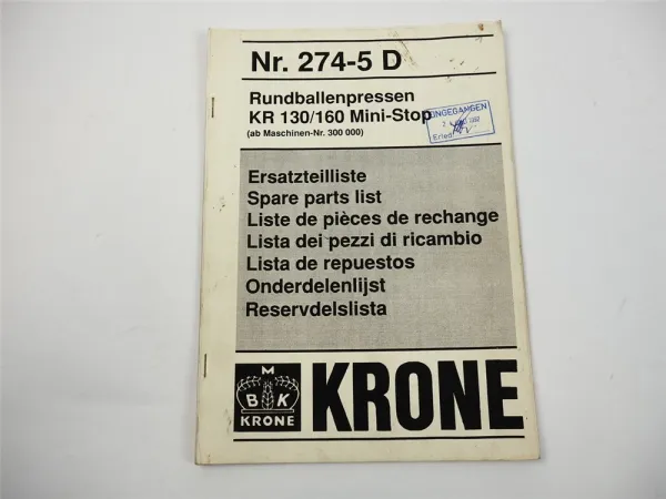 Krone KR 130 160 Mini Stop Rundballenpresse Ersatzteiliste ca. 1992