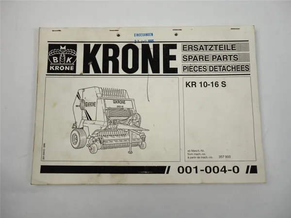 Krone KR10-16S Rundballenpresse Ersatzteiliste Spare Parts List 1995