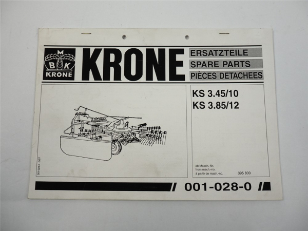 Krone KS 3.45 10 3.85 12 Kreiselschwader Ersatzteiliste Ersatzteilkatalog 1997