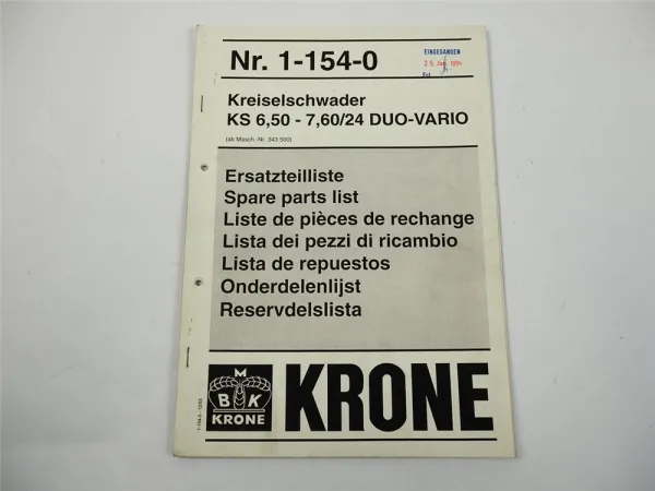 Krone KS 6.50 - 7.60 24 Duo Vario Kreiselschwader Ersatzteiliste 1993